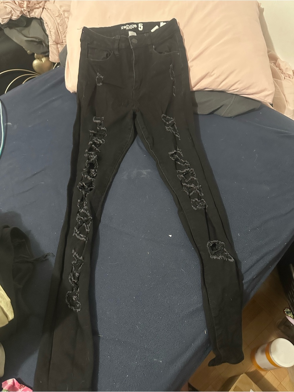 refuge Black Distressed Skinny Jeans with Front Ladder Rips